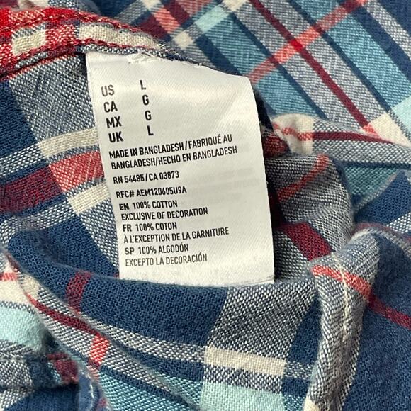 American Eagle Men’s Size L Slim Fit Short Sleeve Button Down Red White Blue - Picture 4 of 7